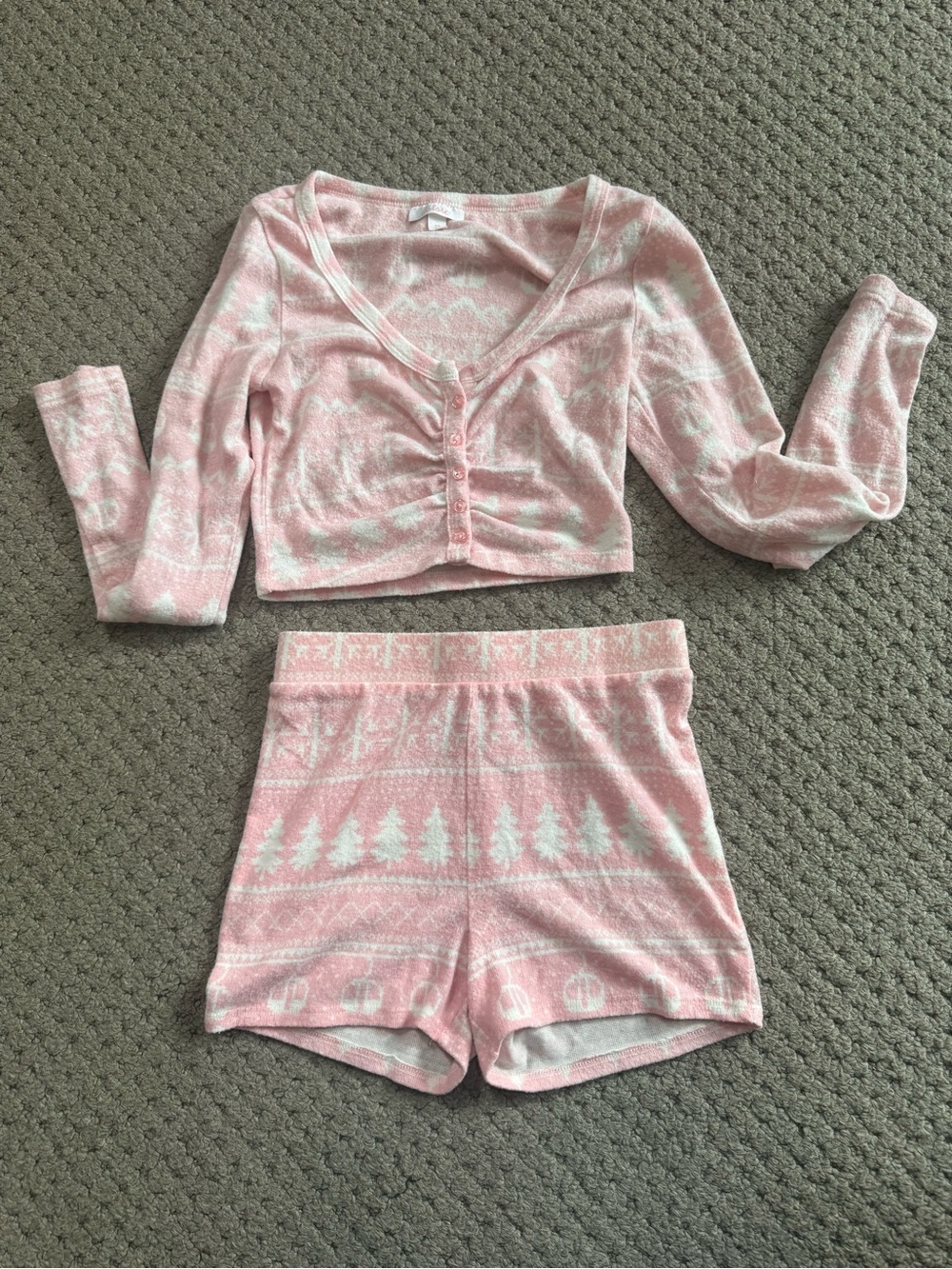 Colsie Pink and White Knit Pajama Crop Top & Shorts Set
